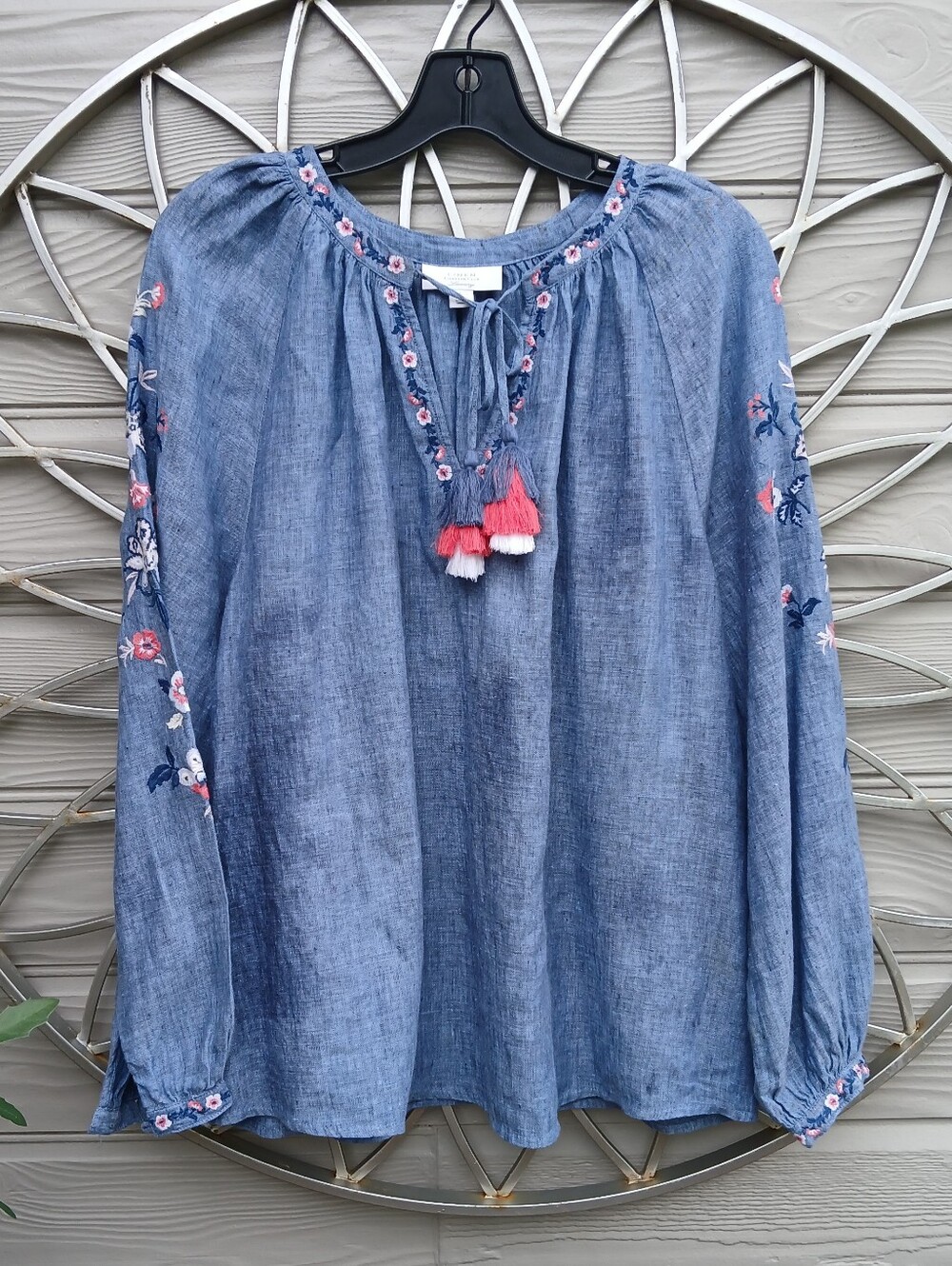Blue Embroidered Linen Peasant Blouse